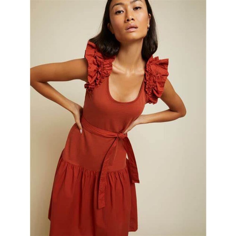 Nation LTD Everleigh Frilly Dress Cayenne Burnt Orange Size Small Midi Ruffles
